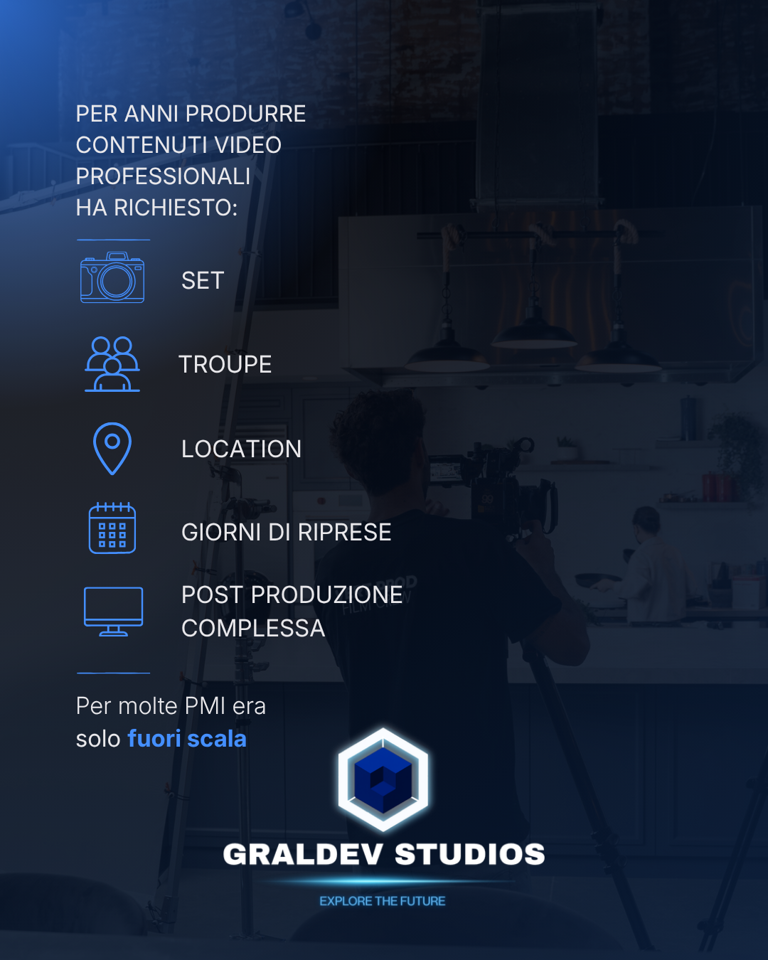 Elementi richiesti dalla produzione video tradizionale: set, troupe, location e post-produzione